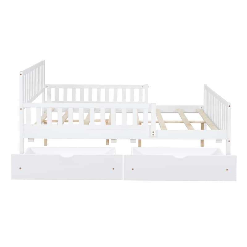 White Full Size Wooden Platform Bed with Guardrails on Both Sides and Two Storage Drawers