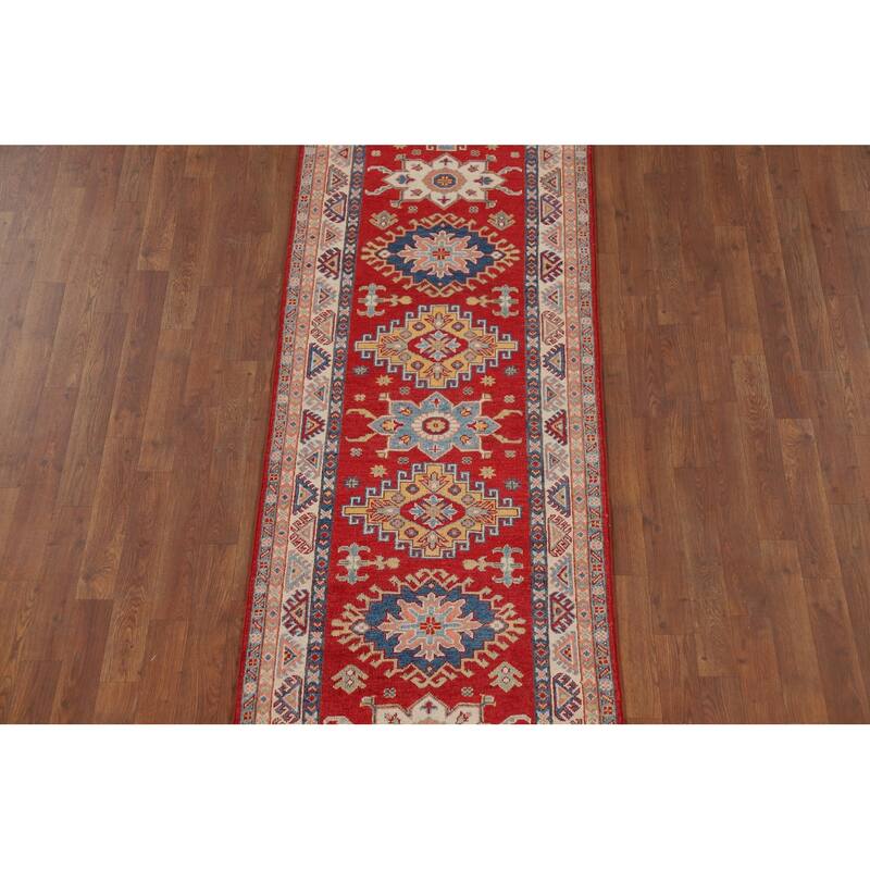 Kazak Oriental Runner Rug Hand-Knotted Red Geometric Wool Carpet - 2'8" x 9'9"