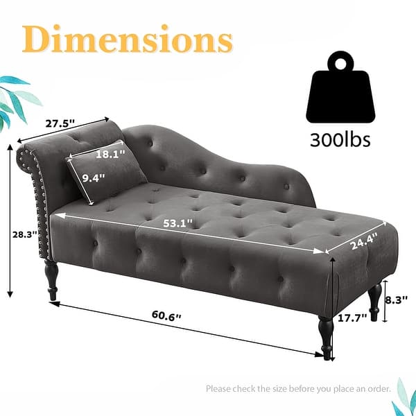 dimension image slide 3 of 5, 60"W Velvet Chaise Lounge, Tufted with Pillow & Nailhead Decorate - 60.6W" x 27.5D" x 28.3"H