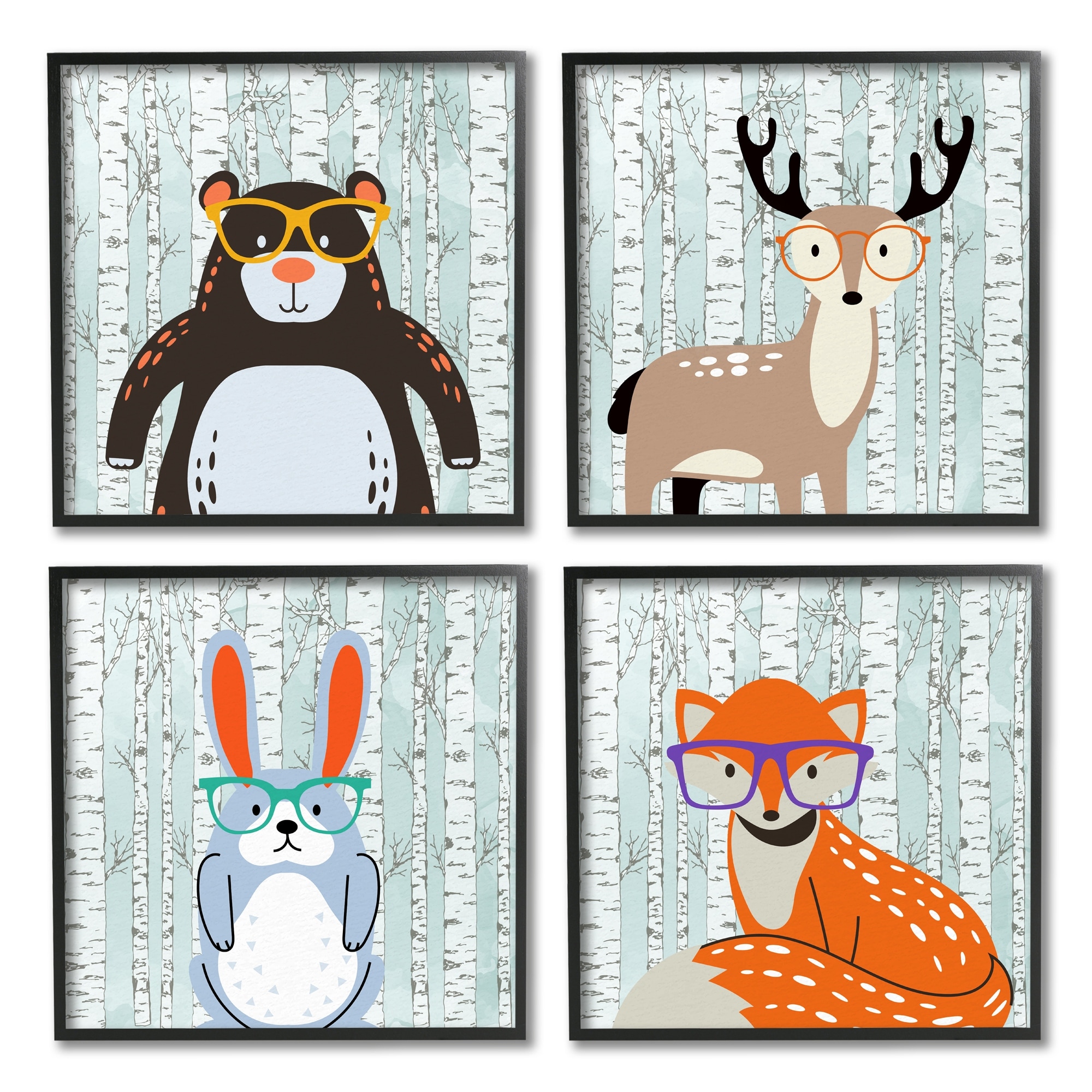 Stupell Woodland Animals in Glasses 4 Piece Framed Giclee Art Set Design by Kim Allen - Multi-Color