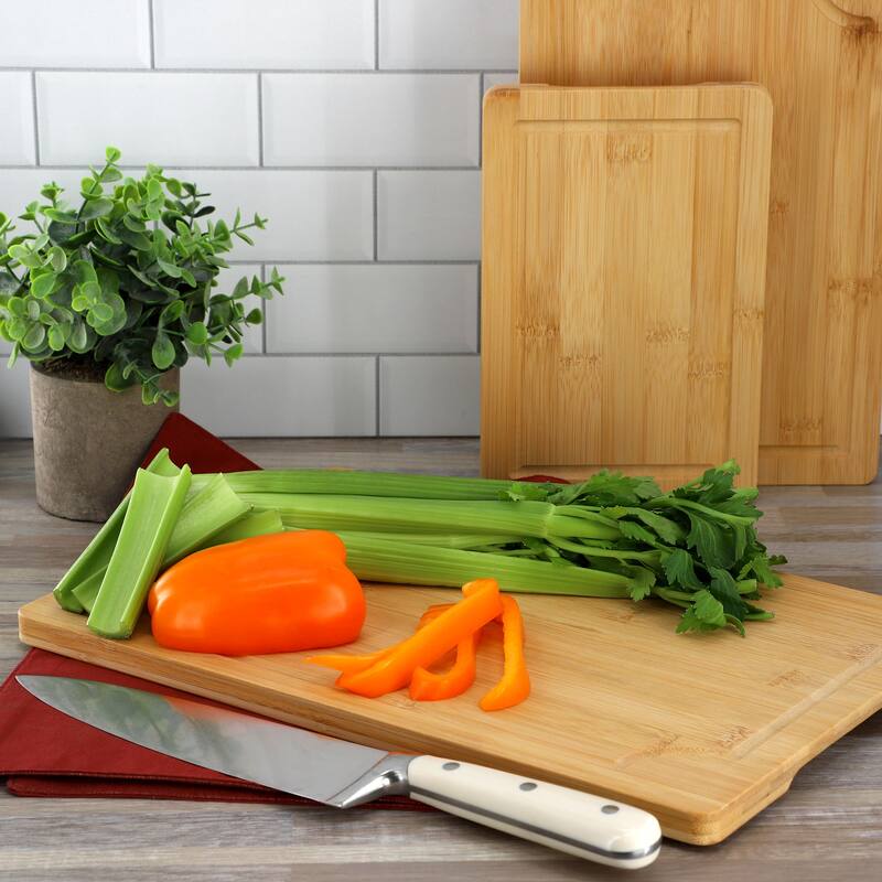 MegaChef 3 Piece 9 Inch, 12 Inch, and 15 Inch Bamboo Wood Cutting Board Set with Juice Grooves
