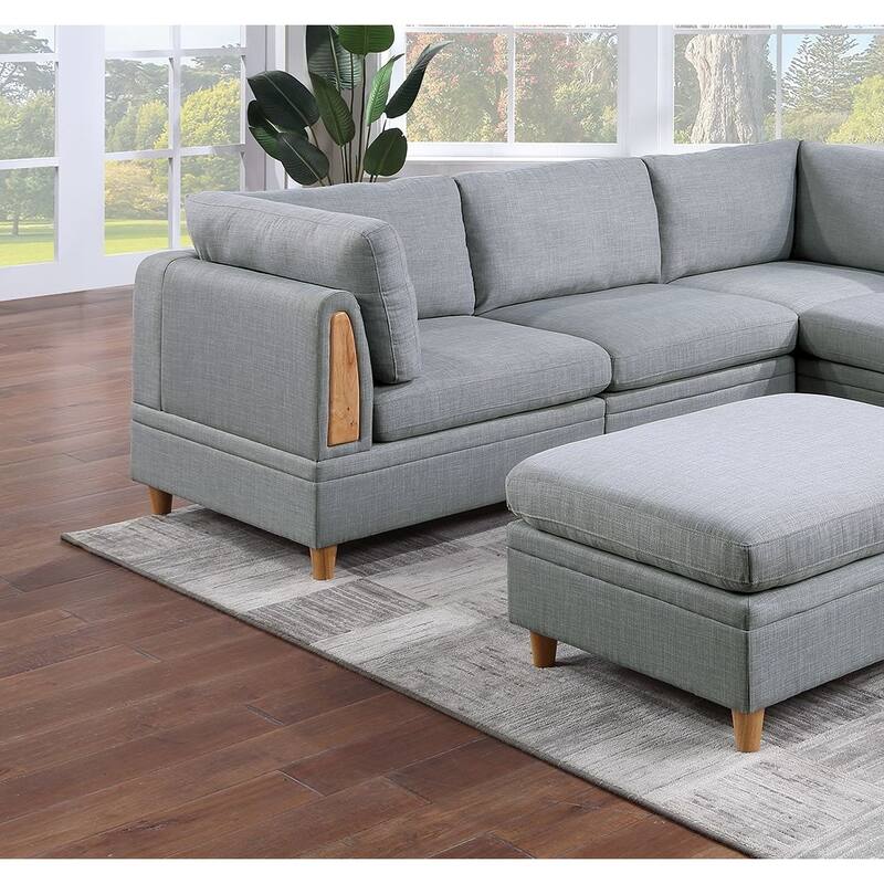 6pc Light Grey Fabric Modular Sofa Set - 3 Wedges, 2 Chairs, 1 Ottoman