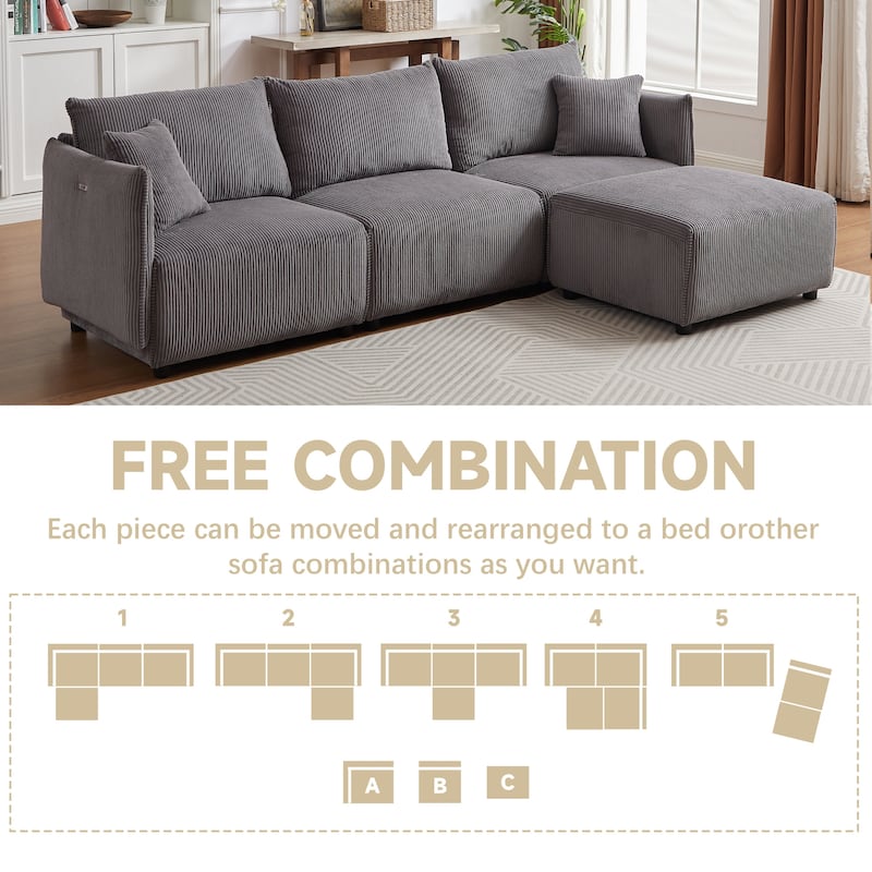 Modern Modular Sectional Sofa for Living Room,Corduroy Sofa with 2 Comfort Cushions with USB Charging Ports
