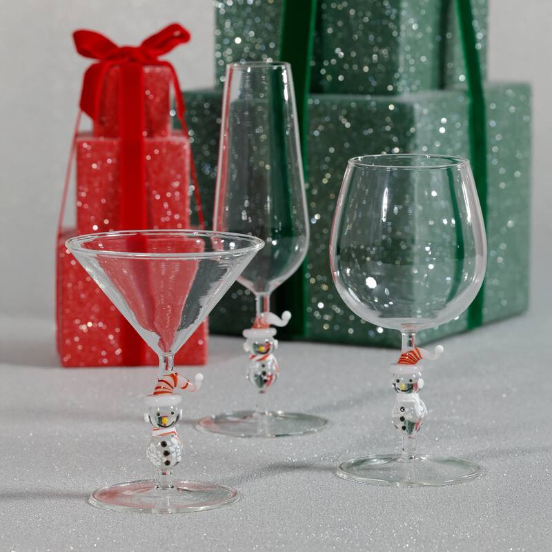 Snowman Sips Martini Glasses, Set of 4, Holiday Cocktail Glassware - Clear