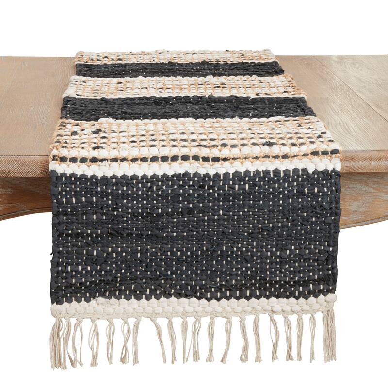 Boho Leather Chindi Fringed Table Runner - 16"x72" - 16"x72" - Black/Natural