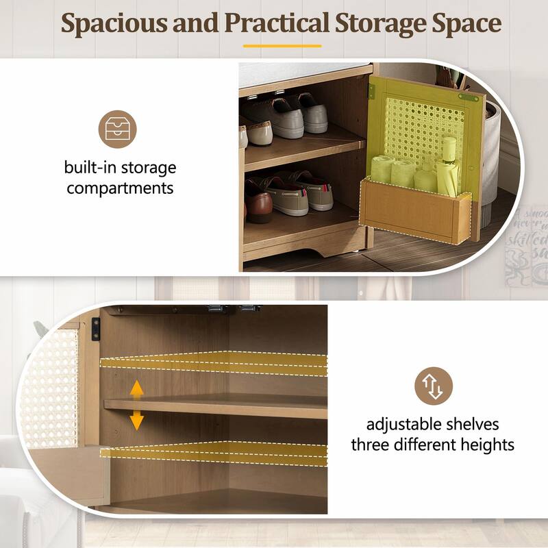Rustic Storage Bench with Removable Cushion, Woven Rattan Doors & Adjustable Shelves