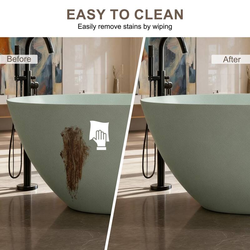 Luxury Solid Surface Freestanding Soaking Bathtub with Center Drain and Pop-up Drain, Modern Beige Tub with Overflow