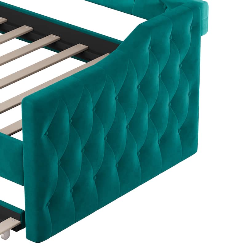 Tufted Upholstered Frame Daybed Velvet Sofa Bed with USB and Type-C Charging Ports, Twin Platform Low Profile Bed with Trundle