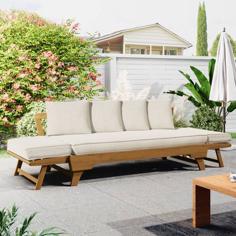 Outdoor Daybed Sofa - 3-Seater with Foldable Arms, Acacia Wood Frame & Removable Cushions