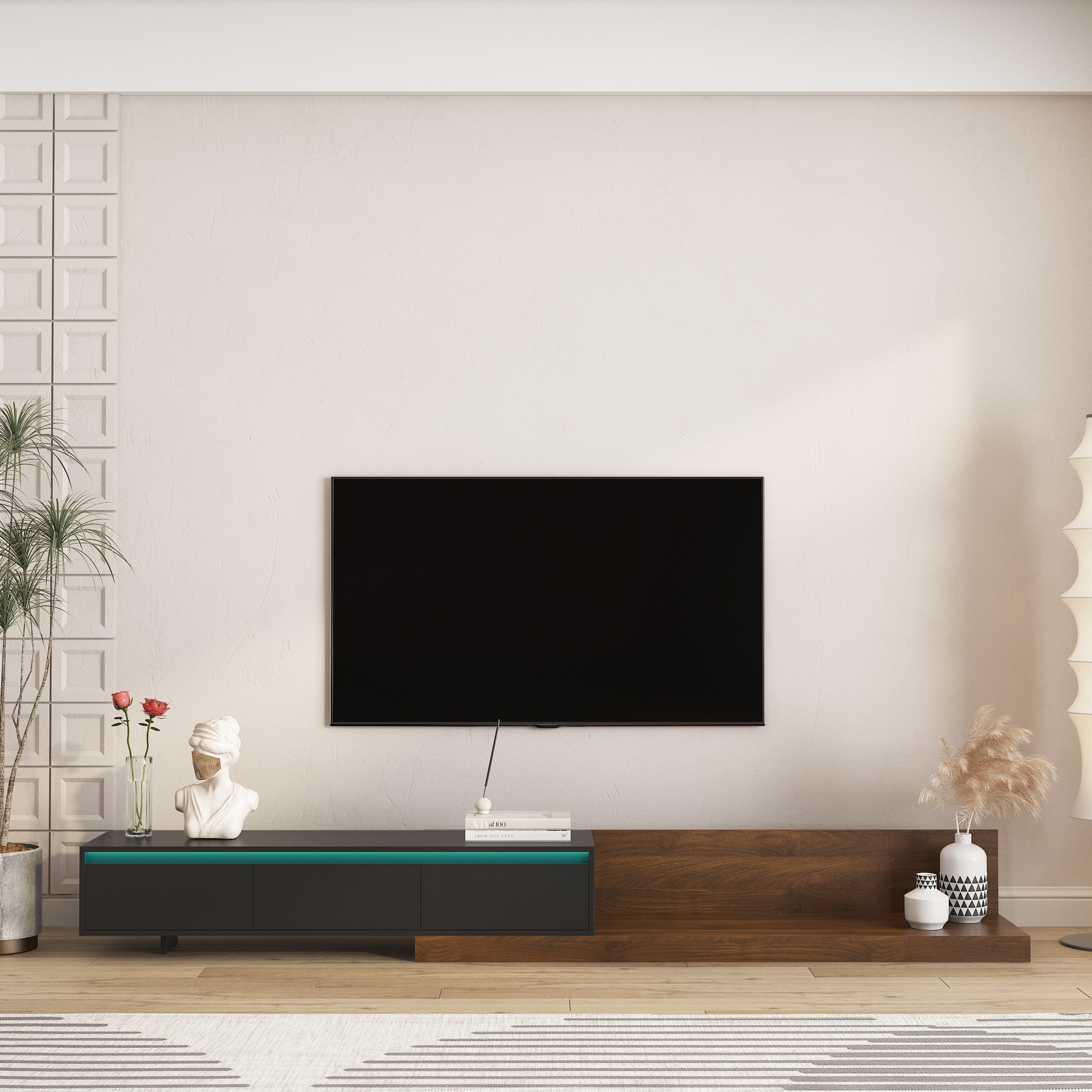 Modern MDF TV Stand with LED Lights and Storage Entertainment Center Black by GDFStudio
