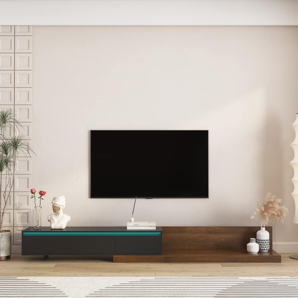 Modern TV Stand with LED Lights & Storage, Wooden Entertainment Center for Living Room