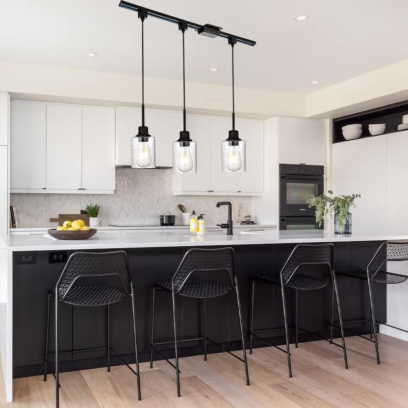 3-Lights H-Type Track Light, Dimmable Track Mount Pendant Lighting Fixtures with Seeded Glass Shade, (Track not Include) - Black