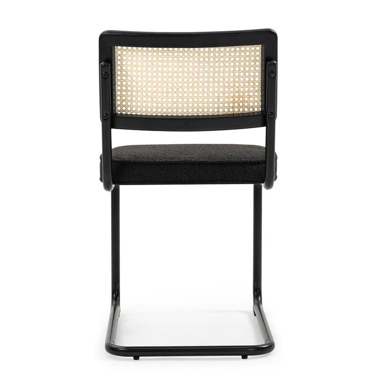 Set of 2 Aziel Black Boucle Dining Chair with Rattan Backrest and Black Iron Legs