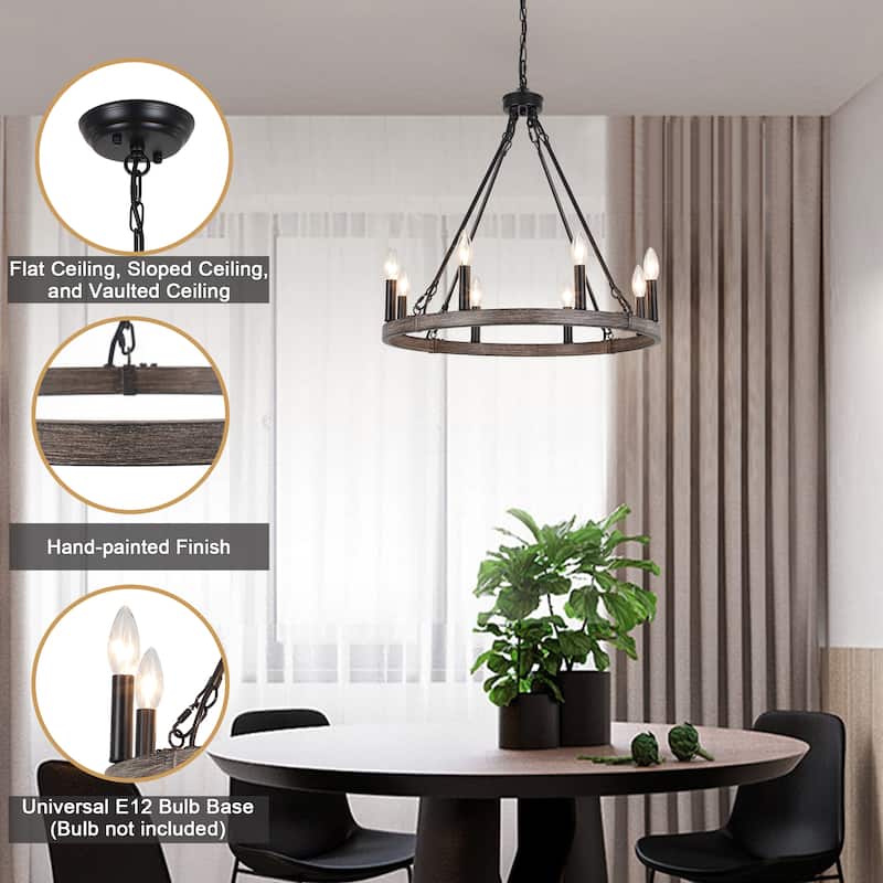6-Light Farmhouse Candlestick Circle Iron Wagon Wheel Chandelier for Dining Room with No Bulbs Included