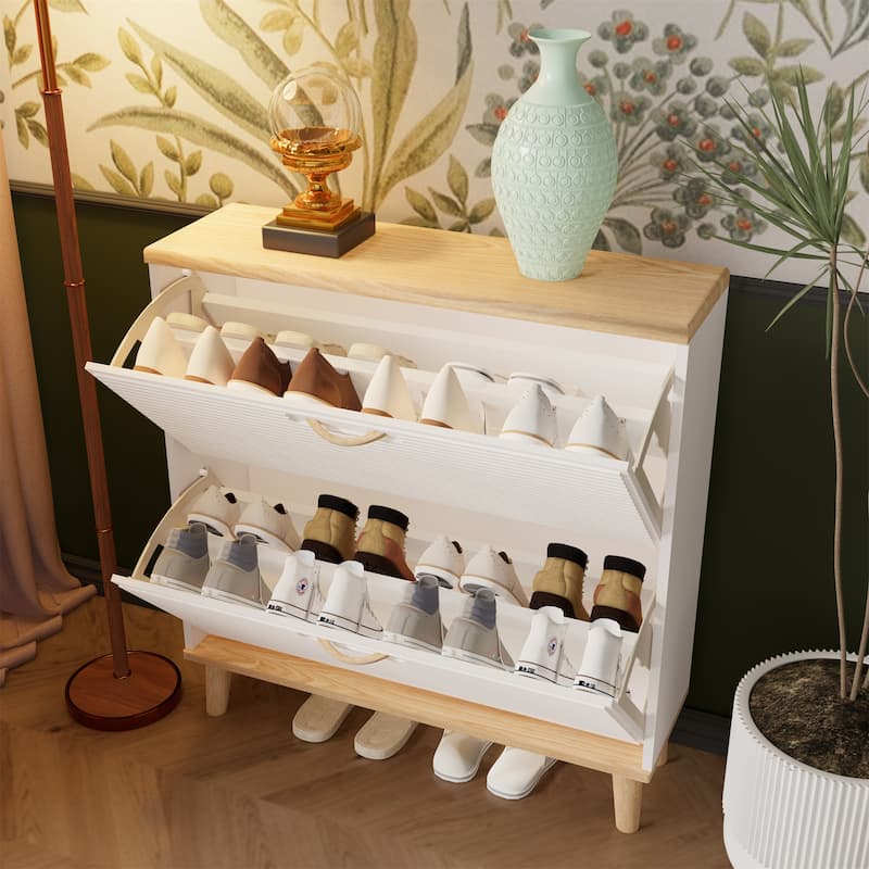 Freestanding Shoes Storage Cabinet with 2 Flip Drawers and Wood Legs