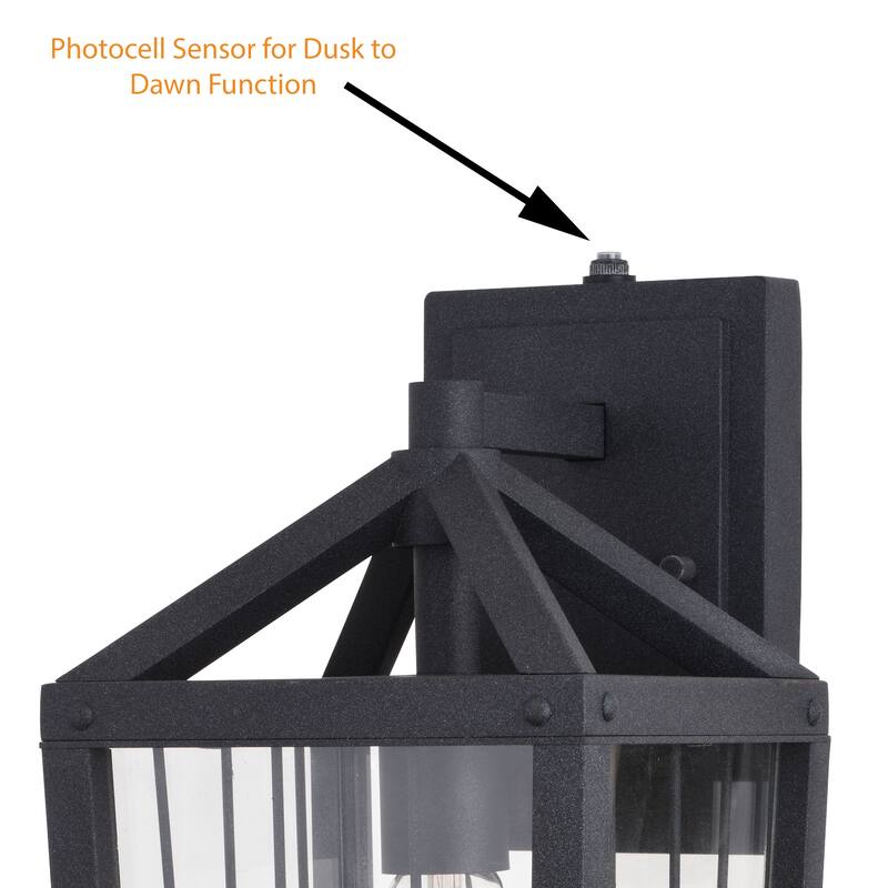 Gage 7-in Black Outdoor Farmhouse Wire Cage Wall Lantern, Dusk to Dawn 1-Light Wall Lamp Sconce with Clear Glass Panels