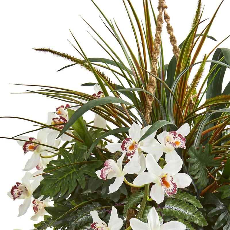 Artificial Hanging Orchid Basket - 29" Indoor Tropical Decor - Lush Greenery & White Blooms - Home Accent Plant