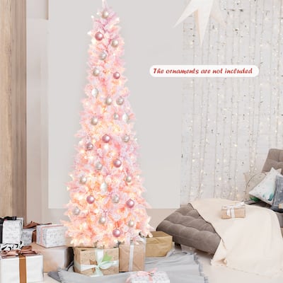 Gymax 7FT Pre-Lit Flocked Christmas Pencil Snow Tree Holiday Decor