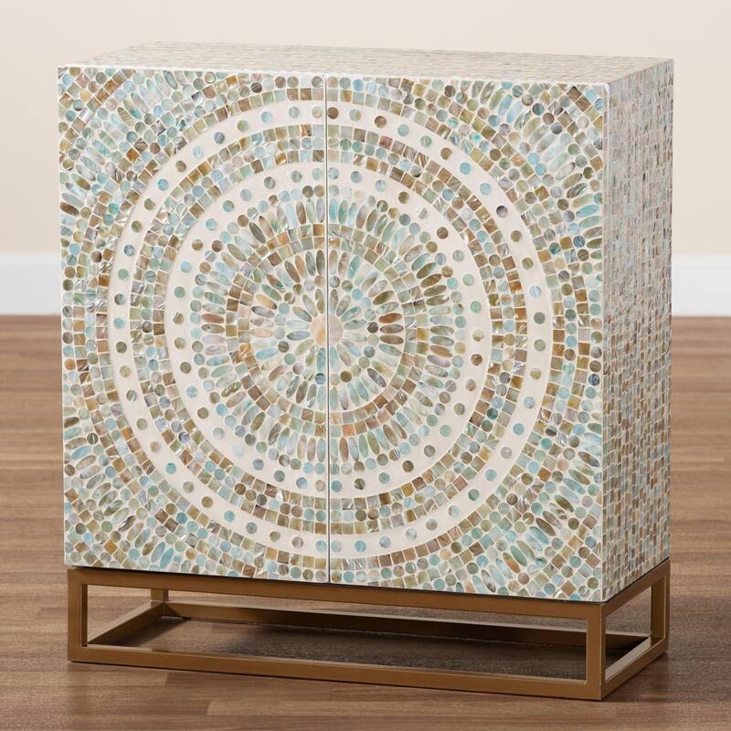 Quintus Modern Bohemian Multicolor Mother of Pearl and Gold Metal Storage Cabinet