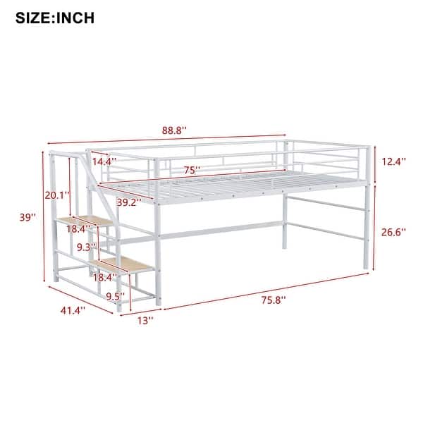 White Twin Size MDF Metal Mid Loft Bed with Storage stairs and Fence for Kids, Boys and Girls, Bedroom
