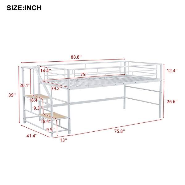 White Twin Size Metal Mid Loft Bed with Storage Stairs and Fence