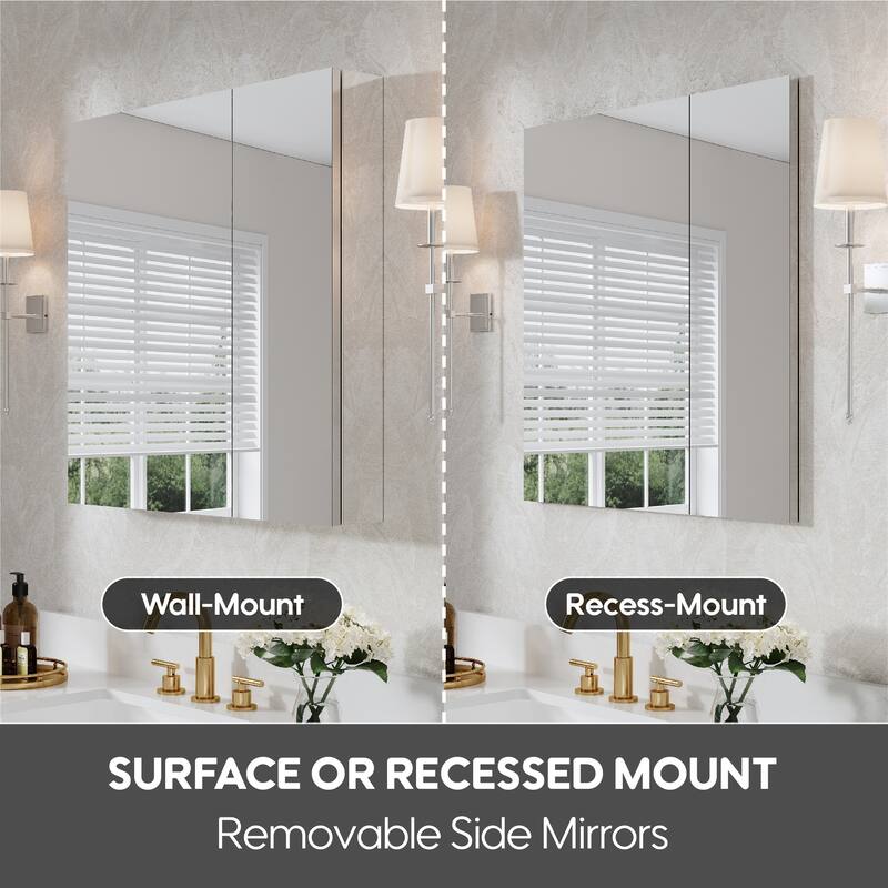 Recessed or Surface Wall Mount Bathroom Medicine Cabinet With Adjustable Glass Shelves