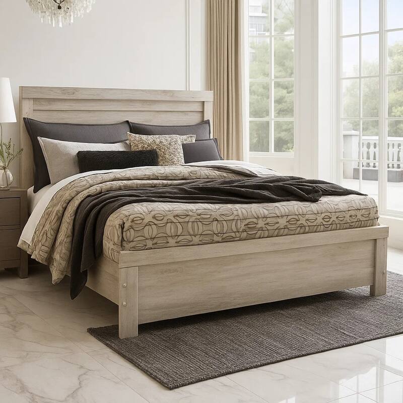 Simon Queen Panel Bed, Bordered Headboard and Footboard, Whitewash Wood