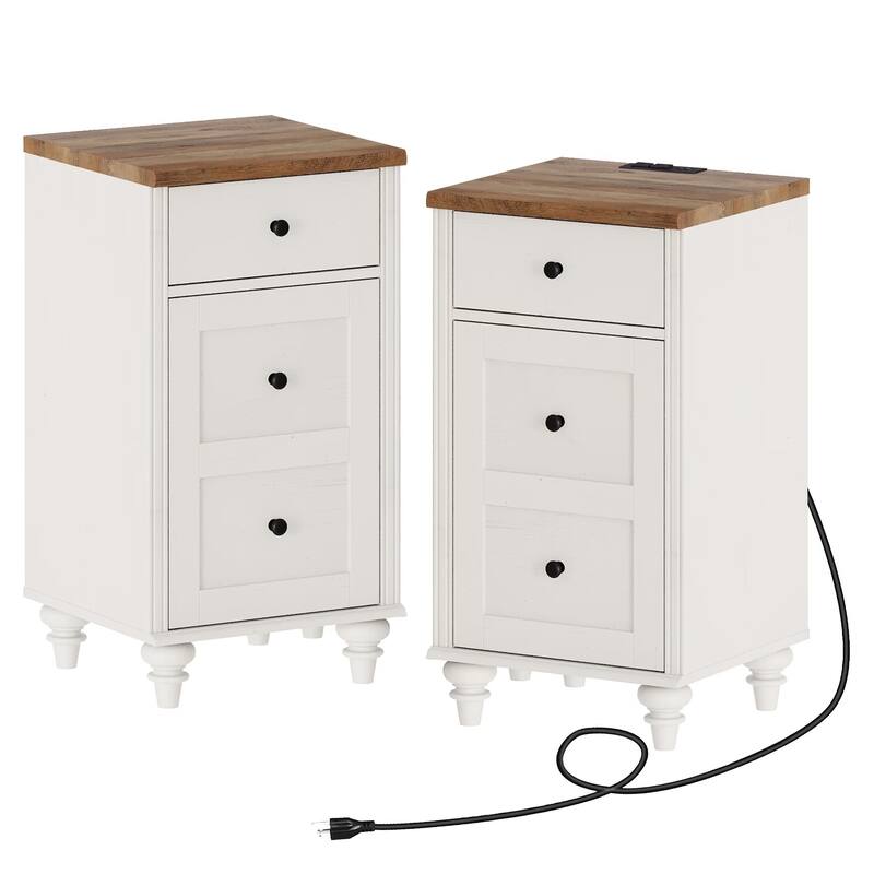 Set of 2 End Tables with Charging Station & Drawer Storage Cabinet