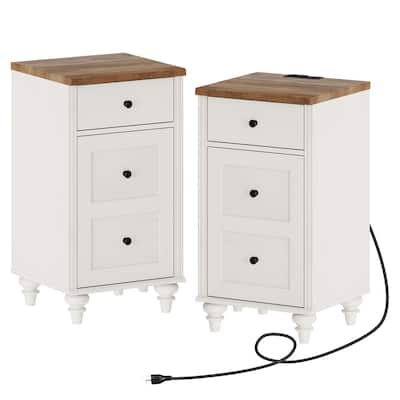 Set of 2 End Tables with Charging Station & Drawer Storage Cabinet