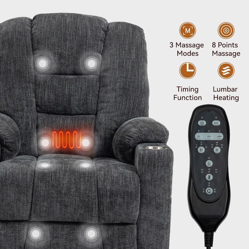 Power Lift Recliner Chair with Dual USB Ports, Cup Holders, Chenille Fabric, 155° Recline, Easy Assembly