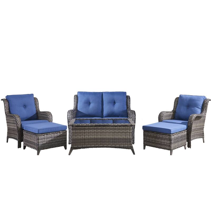 Pocassy 6 Pieces Outdoor 2-Seat Sofa Chairs Table Ottoman