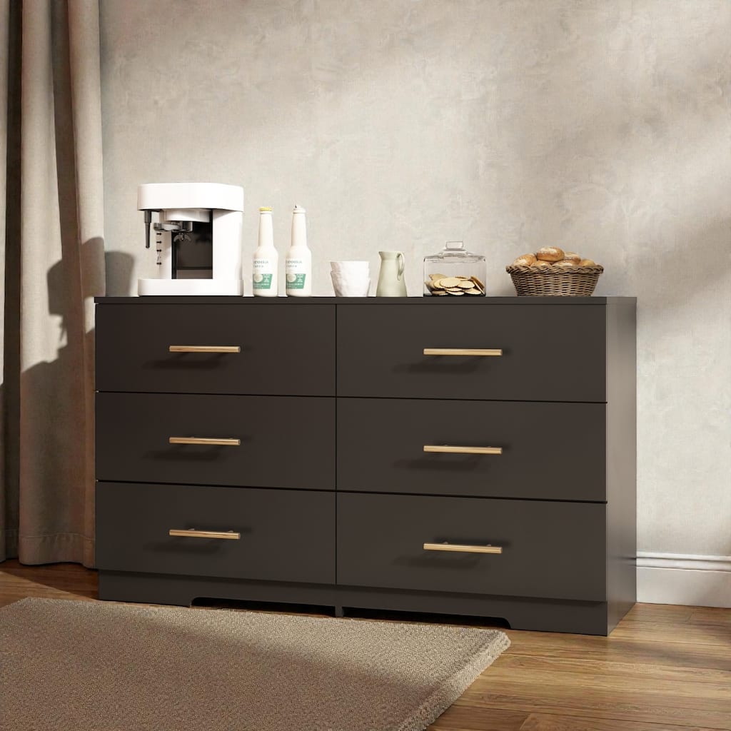 Large 6 Drawer Dresser with Gold Handles, Wide Wooden Chest of Drawers Storage Cabinet for Bedroom