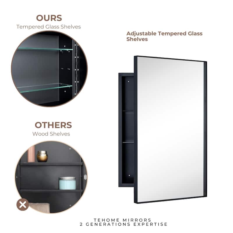 TEHOME Fulleti Matt Black Recessed Mount Squared Rectangle Medicine Cabinet with Mirror - 26" x 16"