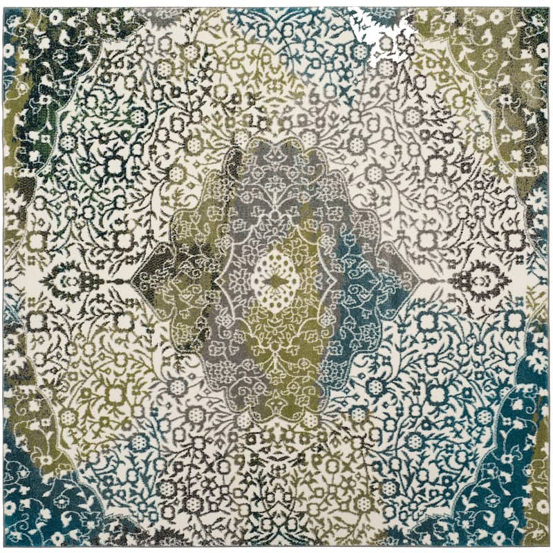 SAFAVIEH Watercolor Sierra Modern Abstract Medallion Rug - 6'7" Square - Ivory/Peacock Blue
