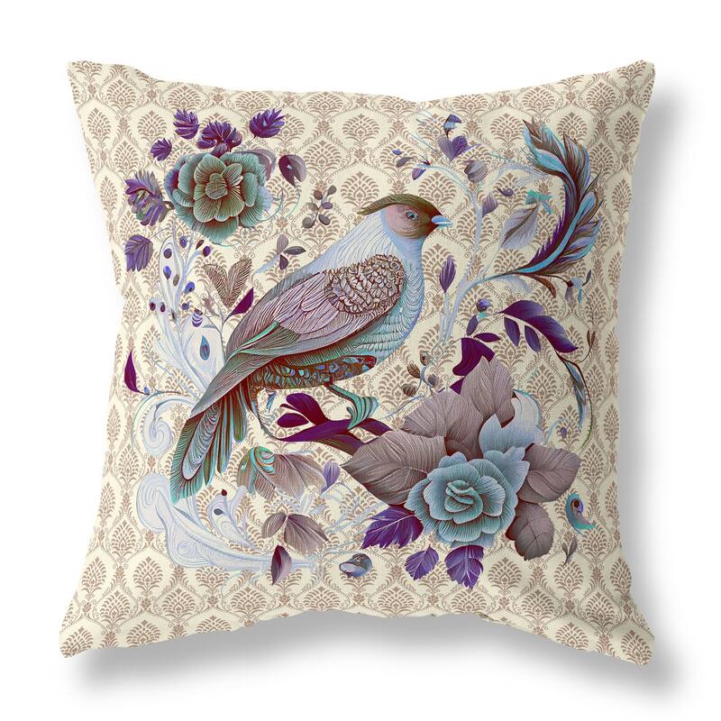 Beige And Multi Songbird Rose Radiance Faux Suede Throw Pillow Zipper