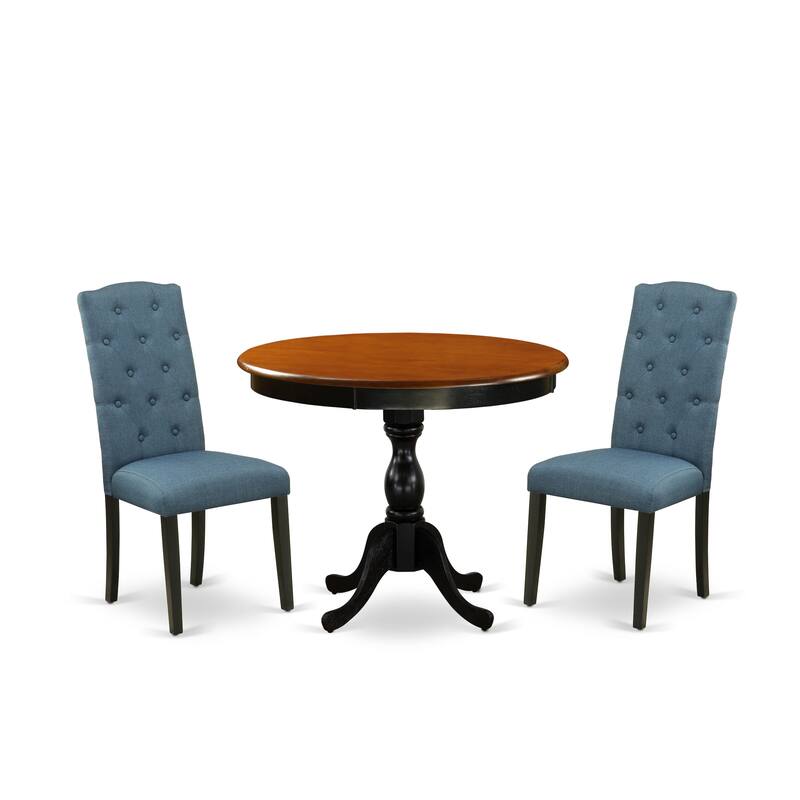 East West Furniture Dinette Set- a Round Kitchen Table and Mineral Blue Linen Fabric Chairs, Black & Cherry (Pieces Options)