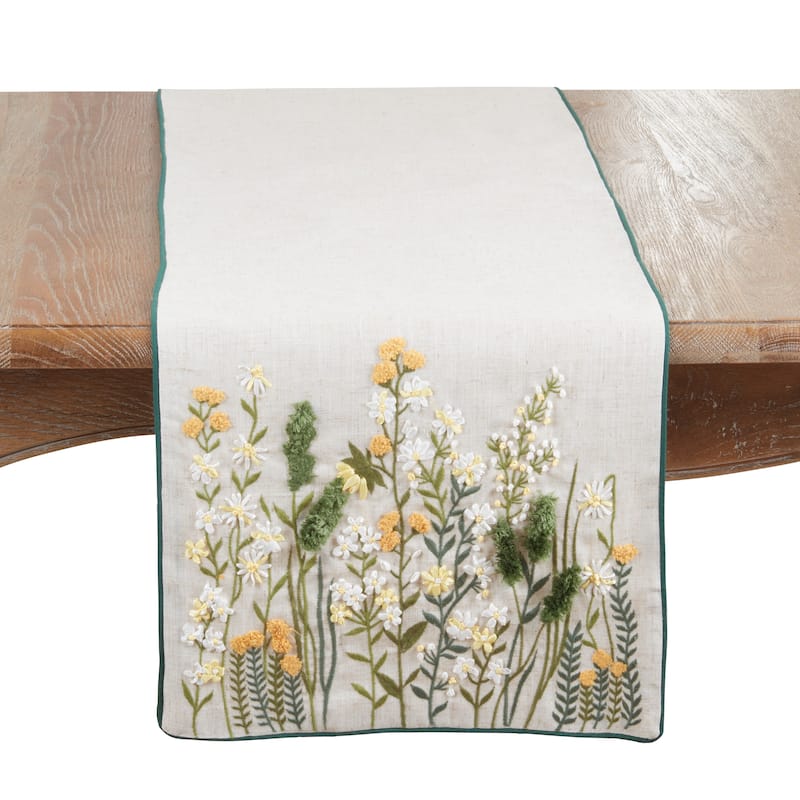 Embroidered Linen Blend Table Runner - Floral Lined Decorative Table Runner for Dining Tables, 16"x72" - 16"x72" - Natural