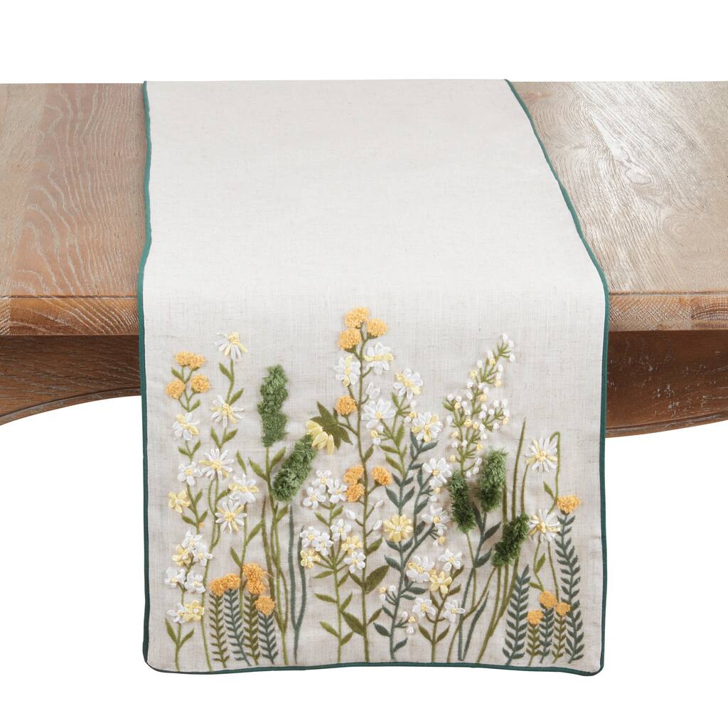 Embroidered Linen Blend Table Runner - Floral Lined Decorative Table Runner for Dining Tables, 16"x72"