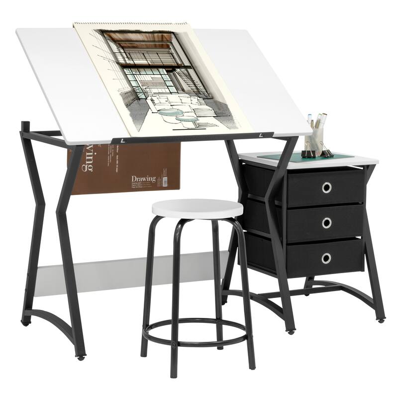 Studio Designs Hourglass Craft Center with MDF Stool, Charcoal/White