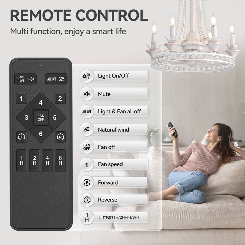 22-Inch Decorative Chandelier Ceiling Fan with Light and Remote