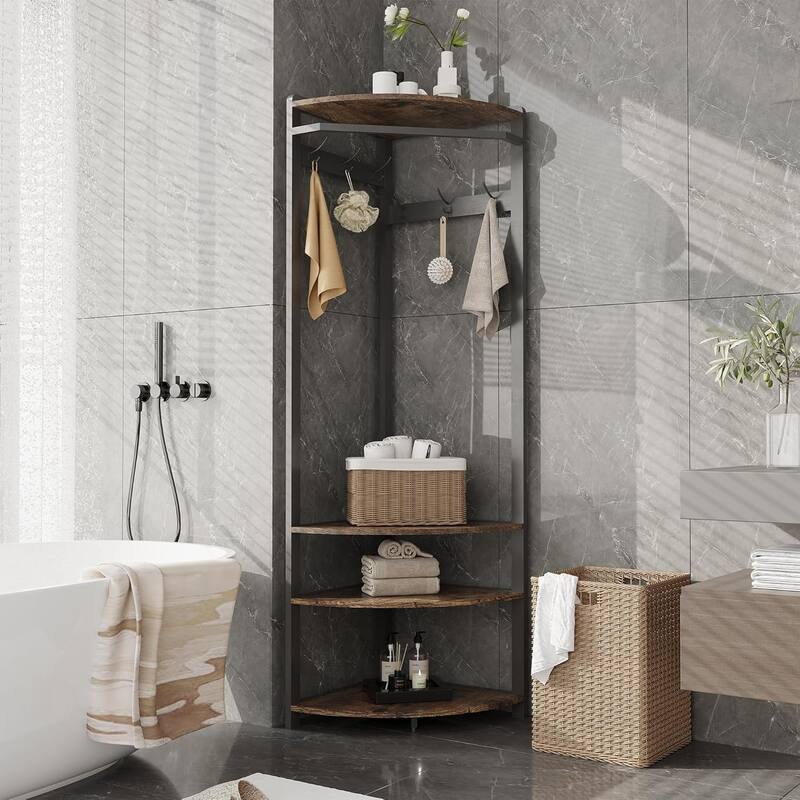 Coat Rack Stand Corner Hall Tree With Shoe Bench 6 Hooks and Storage Shelf