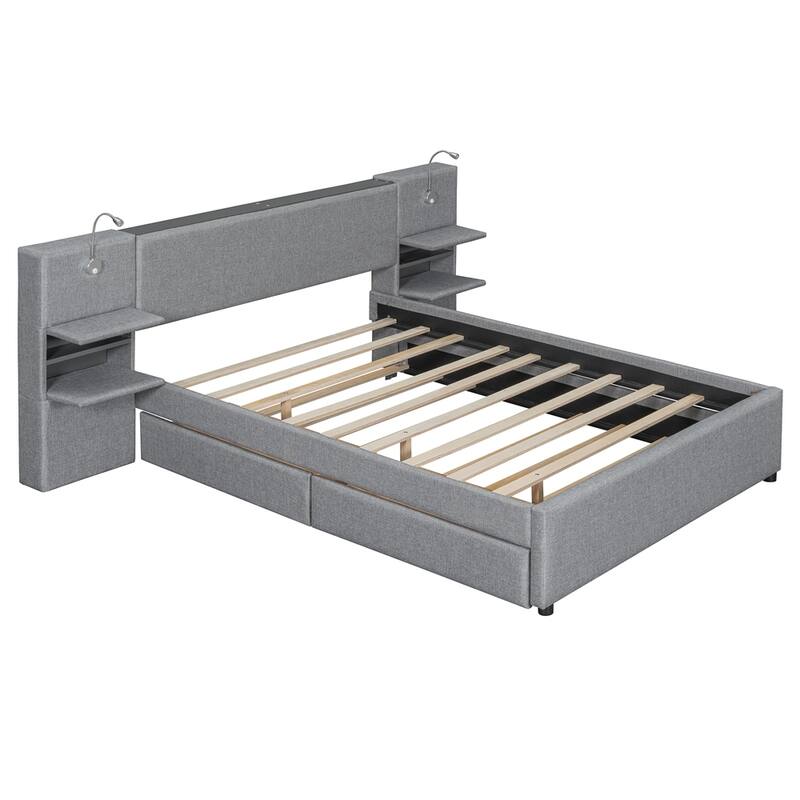 Queen Size Upholstered Platform Bed with Drawers Trundle and Shelves