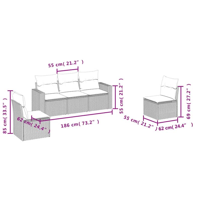 vidaXL Garden Sofa Set Brown PE Rattan 5 Piece Adjustable Feet - 24.4 x 25.8 x 27.2