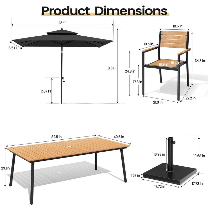 11PC Outdoor Patio Dining Set WoodLike Aluminum Umbrella Hole Table with Stackable Armchairs,Double Top Market Umbrella and Base