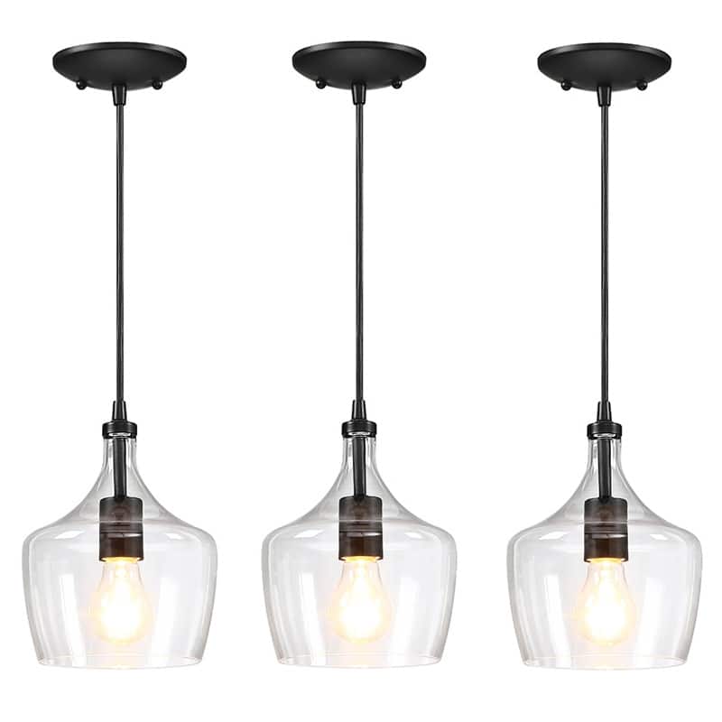 1-Light Kitchen Island Teardrop Clear Glass Pendant（1 or 3-pack can be chosen) - 3-Pack - Dark Bronze