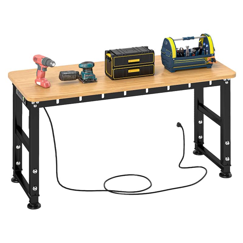 48"/60'' Work Bench for Garage with Pegboard & Power Outlets, 1600 LBS Load Capacity Ideal for Workshop - Brown