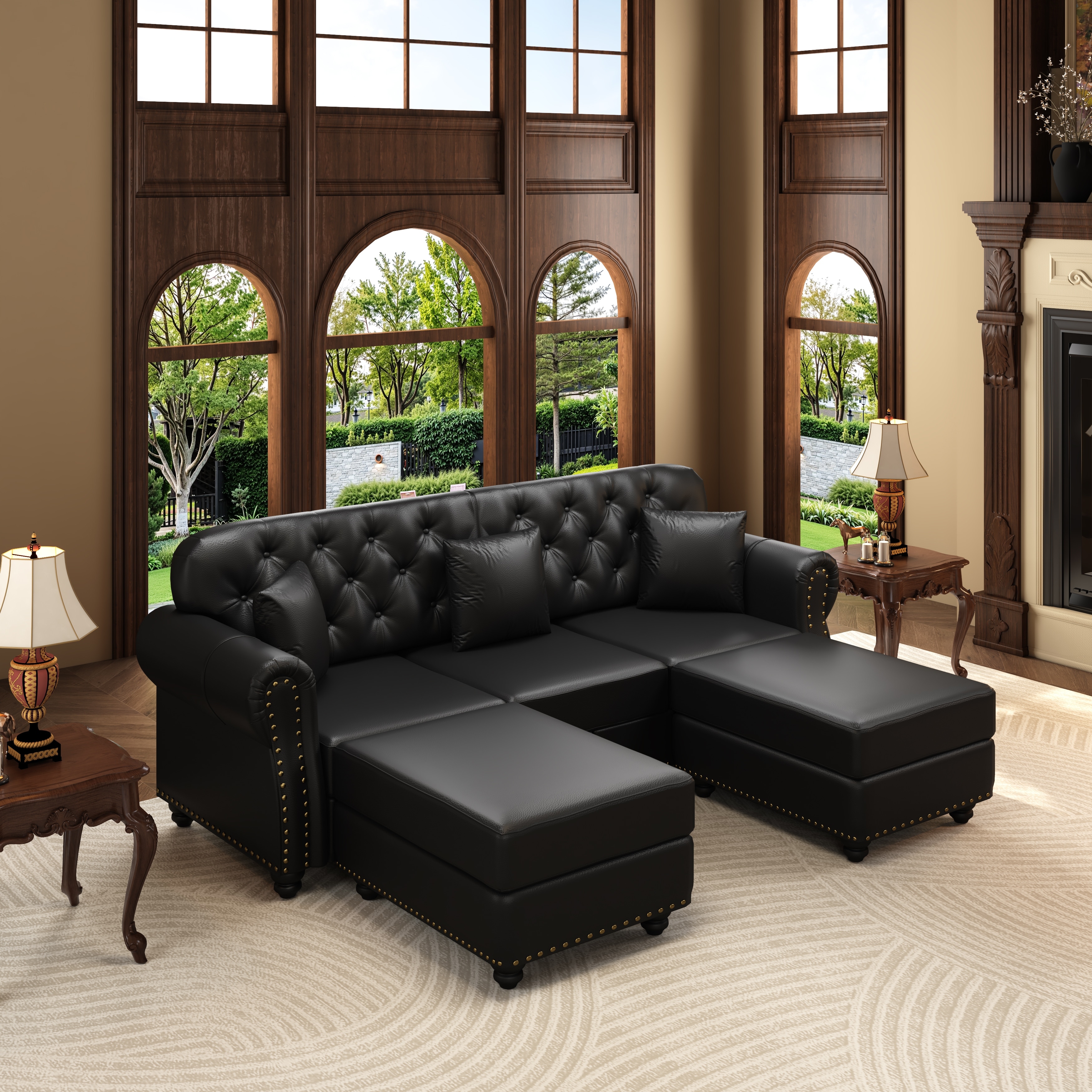 GDFStudio - 82.6" Mid-Century Modern Chesterfield 3-Seater Sofa Set with Nailhead Trim, 2 Ottomans & 3 Pillows