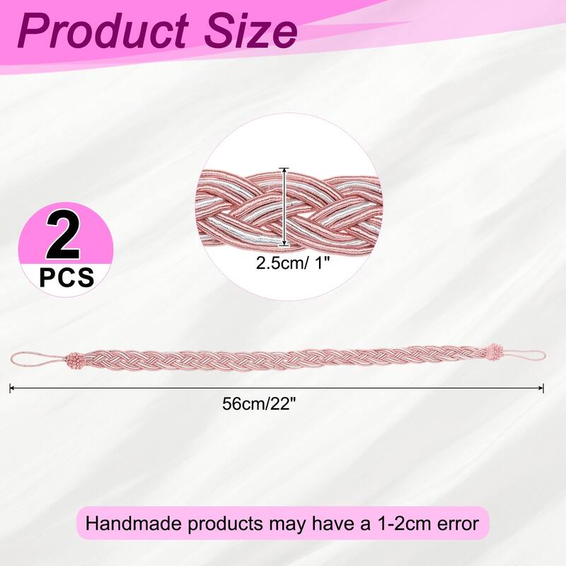 2 Pcs Curtain Tiebacks, Braided Drapery Holdback - Light Pink - 56cm/22"