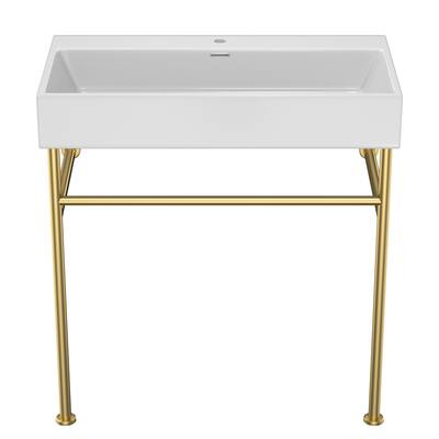 30" Bathroom Console Sink with Overflow, White Ceramic Basin, Gold Legs