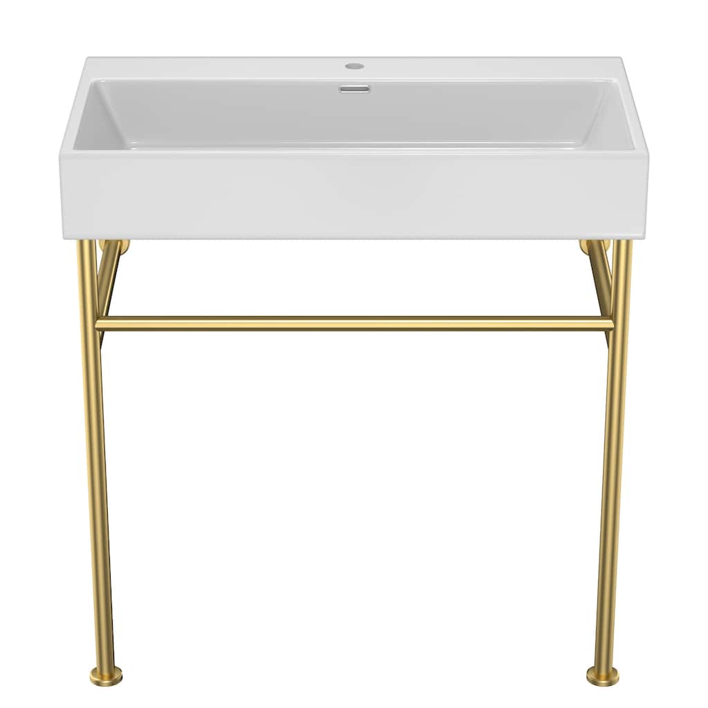 30" Ceramic Console Sink with Overflow, White Basin, Gold Stainless Steel Legs, Easy Installation